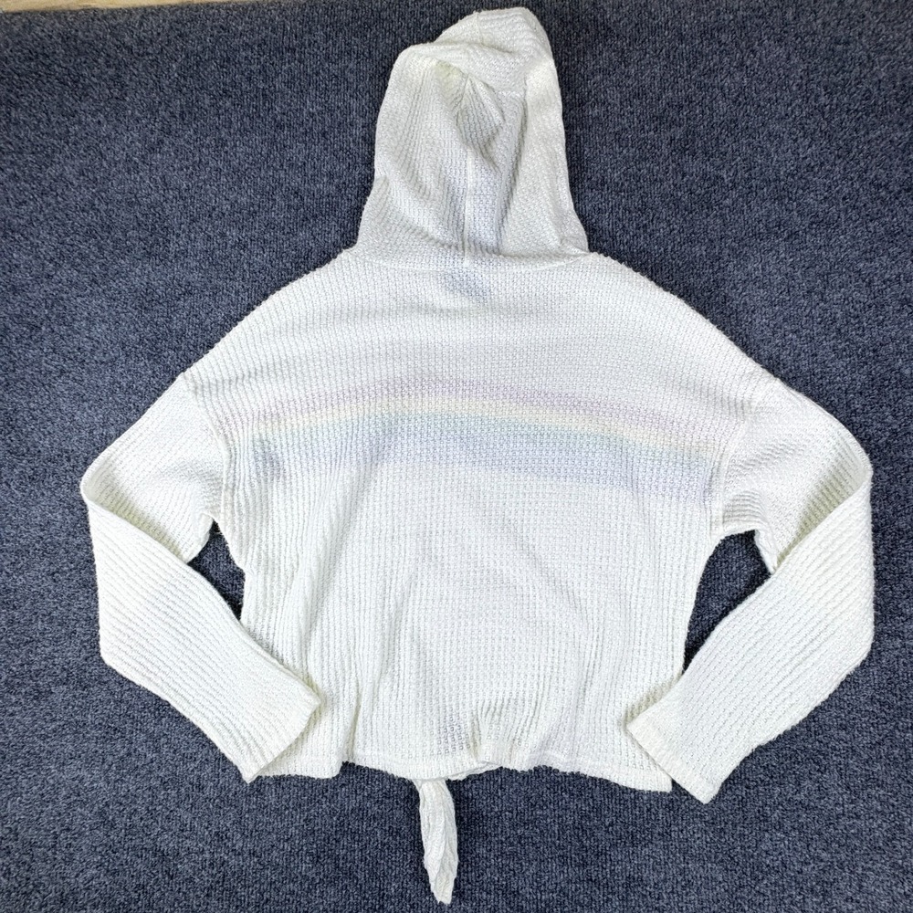 Joe Boxer Crop Hoodie Womens Small White Rainbow Striped Waffle Knit‎ Knot Front - Picture 8 of 9